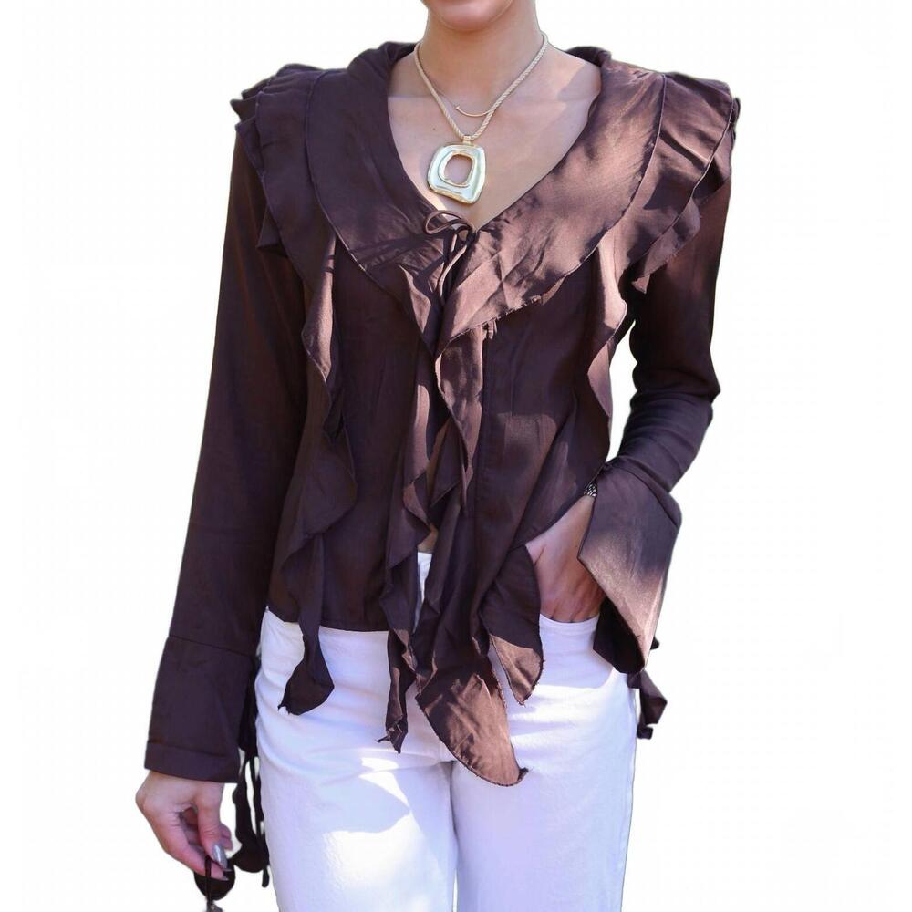 emory park Brown Ruffled Long-Sleeve Blouse - Picture 6 of 8